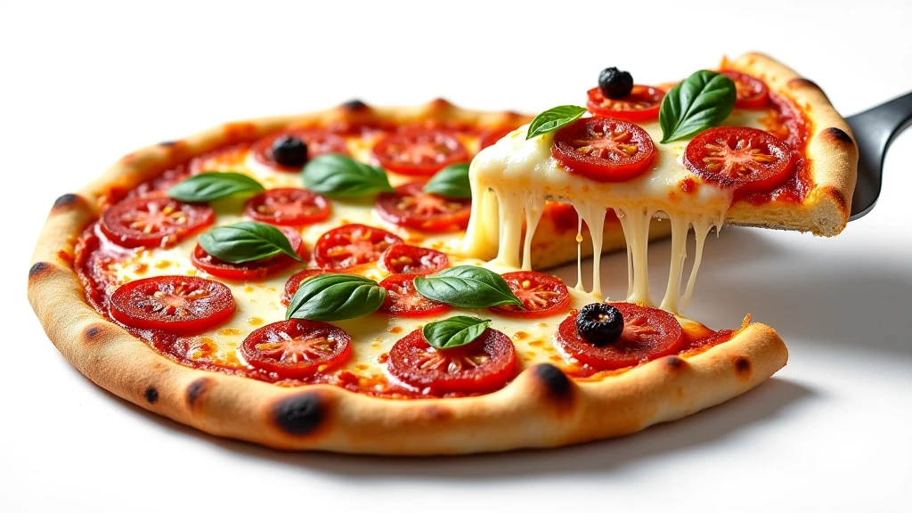 : A close-up of a fresh pizza with melted cheese and vibrant toppings on a clean white background. 8k  