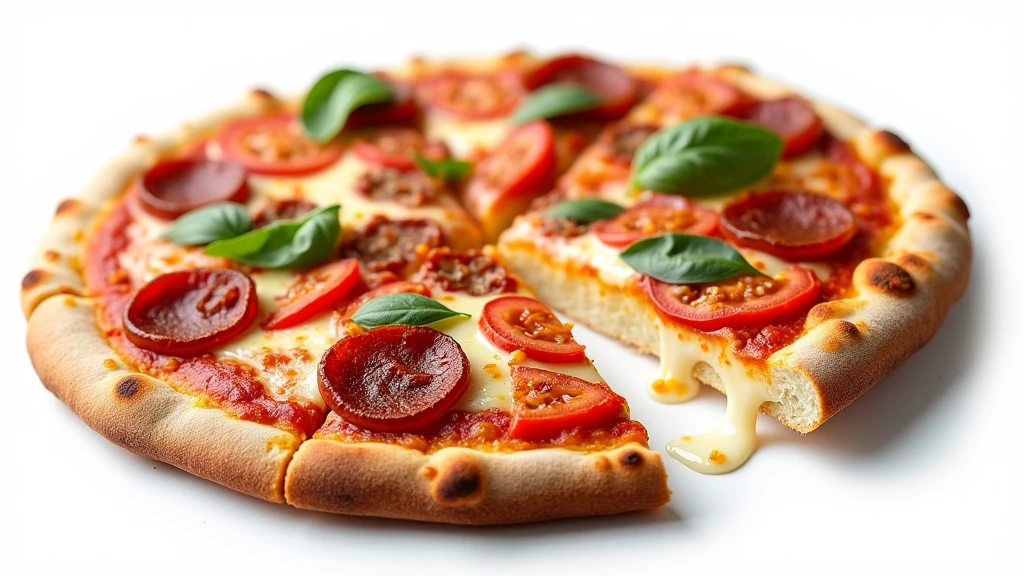 : A close-up of a fresh pizza with melted cheese and vibrant toppings on a clean white background. 8k