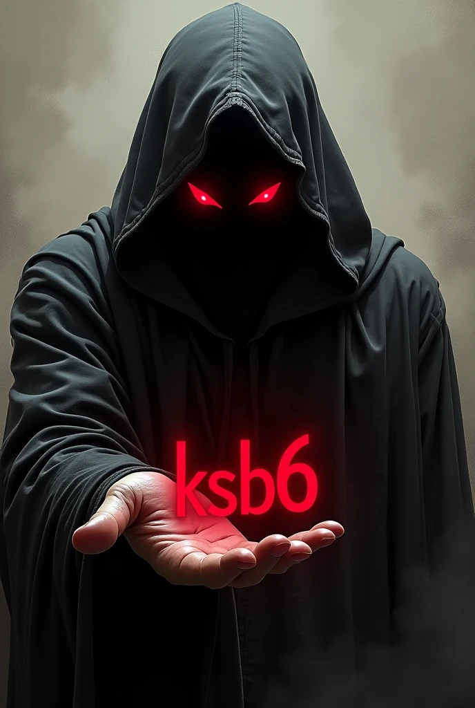 Create a hooded guy with crimson red eyes without a face, holding the name in the palm of your hand "KSB6" make it in crimson red and bold colors