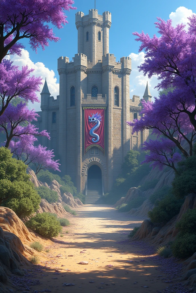 A castle in a landscape divided in two, on the left side is shady, Only on the left side the trees are dry and a gloomy environment of the arid terrain is noticeable., the left side of the castle is neglected. On the right side everything is beautiful, only on the right side there are jacaranda trees with a beautiful purple color, On the right side of the castle is well maintained. On both sides a banner with the image of a violet Hydra embroidered on said standards.
