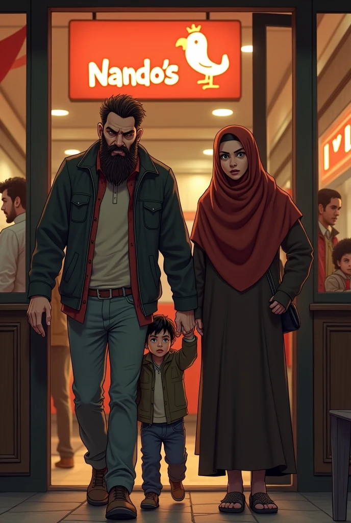 man wtih beard and women with hijab and chid going out very angry from nandos resturant 