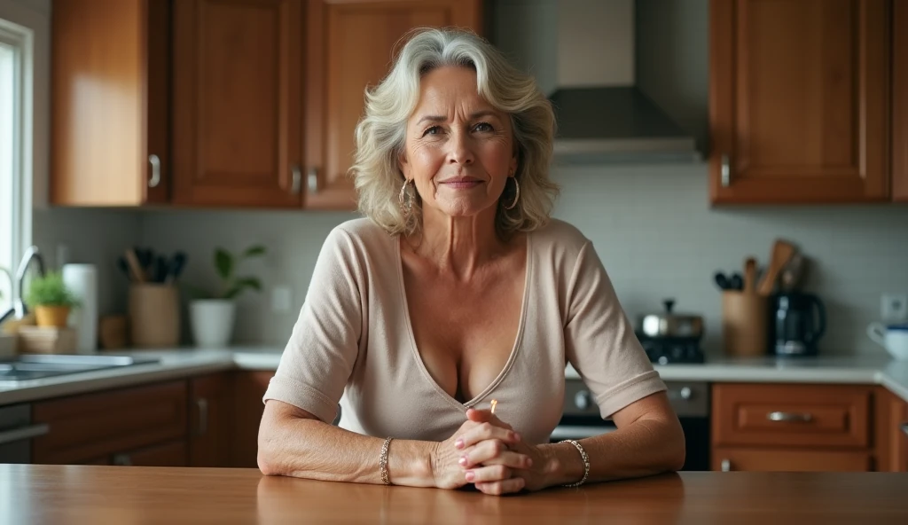 woman in a short skirt is in a house in the kitchen, leaning on the table, sticking her ass out, attractive woman in her 70s, short skirt, curvy, hot, voluminous body, cleavage, big breasts, approximately 70 years old, older elderly woman , front image, looking for camera, posing, stunning, natural mature woman, medium size, natural six-pack
