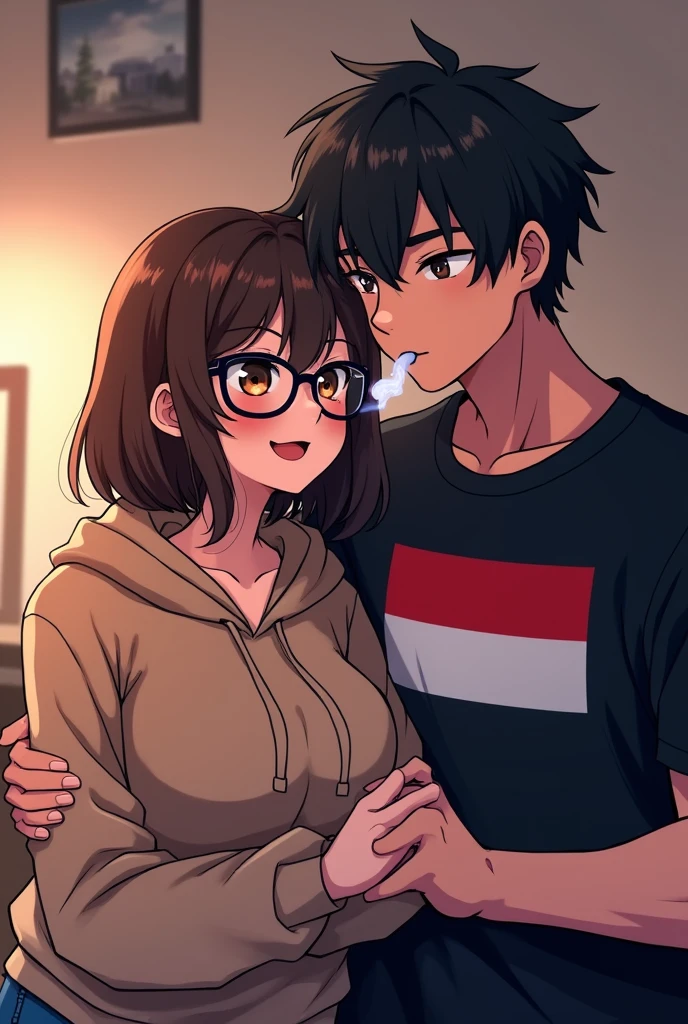 Anime style, gamer girl brown short hair and brown eyes wearing cute glasses big boobies, wearing a comfy sweatshirt his buff dark haired dark eyes gamer boyfriend smoking vape wearing a black shirt with an indonesian flag in his pc sniffing her ampits