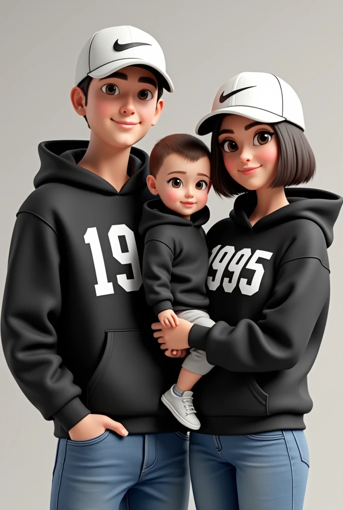 3D a man without beard with white nike cap,wear black hoodie with number 1998 on hoodie ,wears blue jeans while standing besides a  woman with white nike cap with short shoulder hair, wear black hoodie with number 1995 on hoodie ,wears blue jeans holding one  boy with black hoodie . All looking at camera