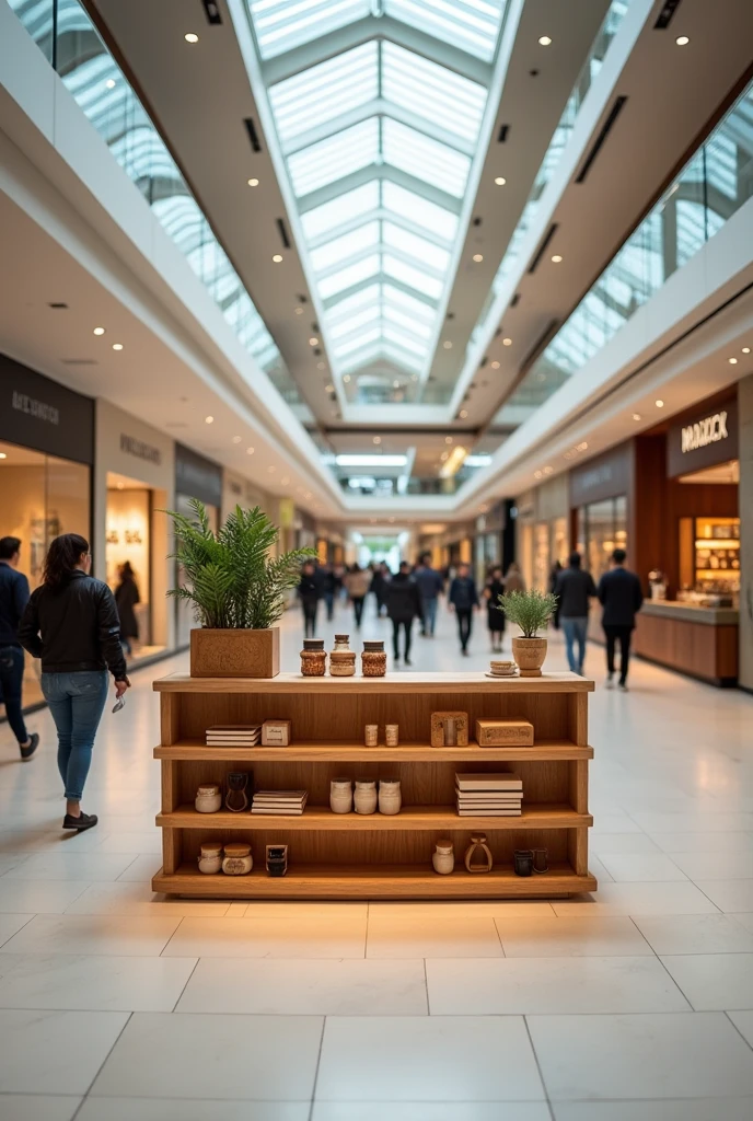 wooden counter with shelves in shopping mall aisle