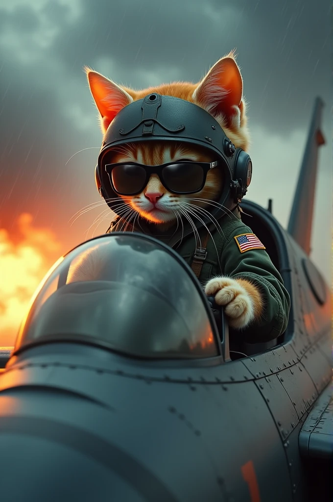 Kitten in air force uniform with helmet and sunglasses steering fighter jet dark, rainy fire background