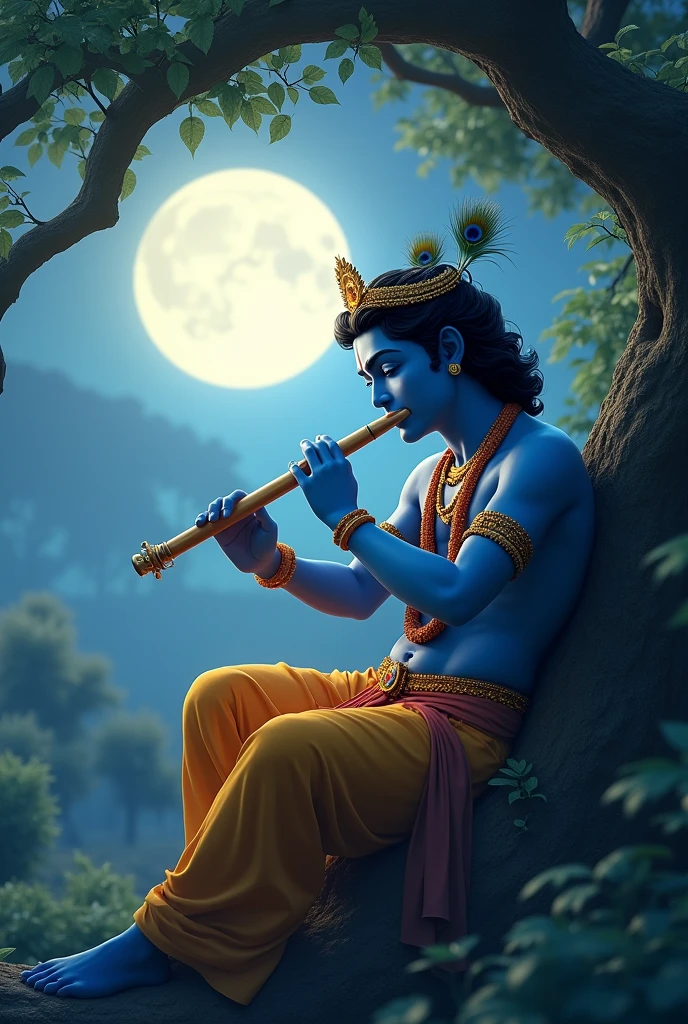 Krishna relaxedly playing flute on tree branch with background of full moon highlighting Krishna