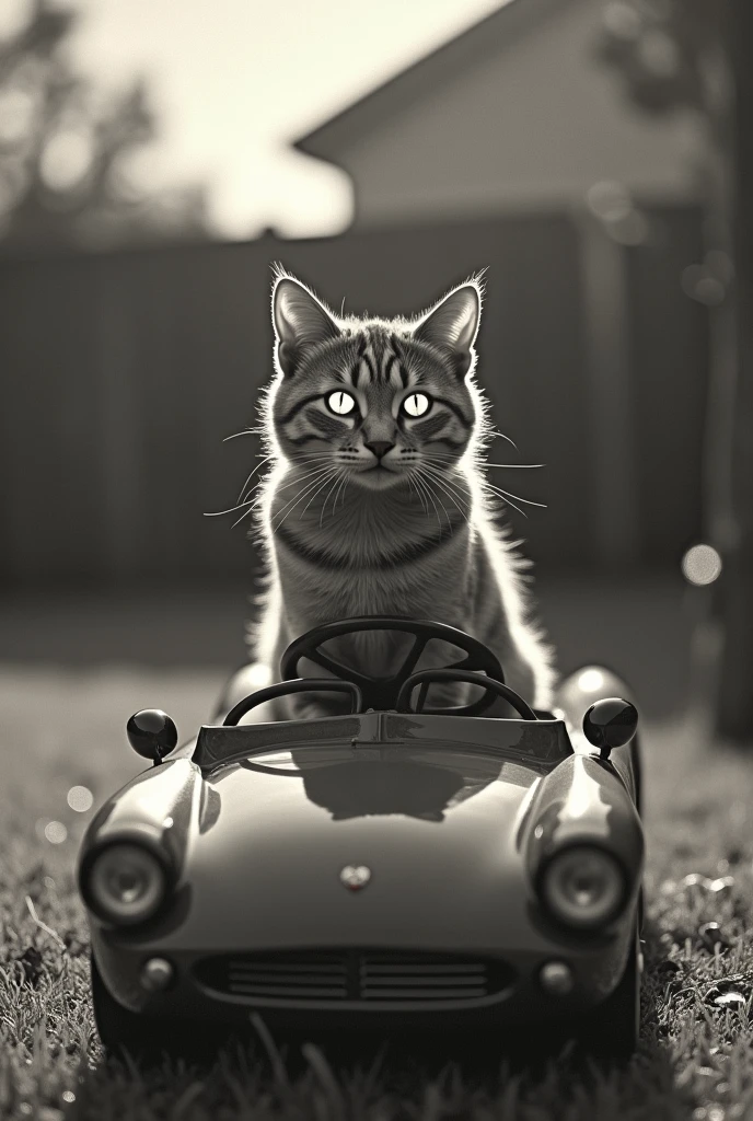 "A monochrome, motion-focused photograph of a cat perched on top of a toy car in a backyard, evoking nostalgic elements reminiscent of the 1940s. The image is heavily blurred and aged, mimicking the look of vintage Kodachrome film. The cat's eyes glow like LEDs in the dark, drawing attention to its expression. The composition is inspired by the works of Robert Mapplethorpe, focusing on the interplay of light and shadow, with a soft grain texture enhancing the retro feel. Out of focus, out of frame, grainy image, raw look
