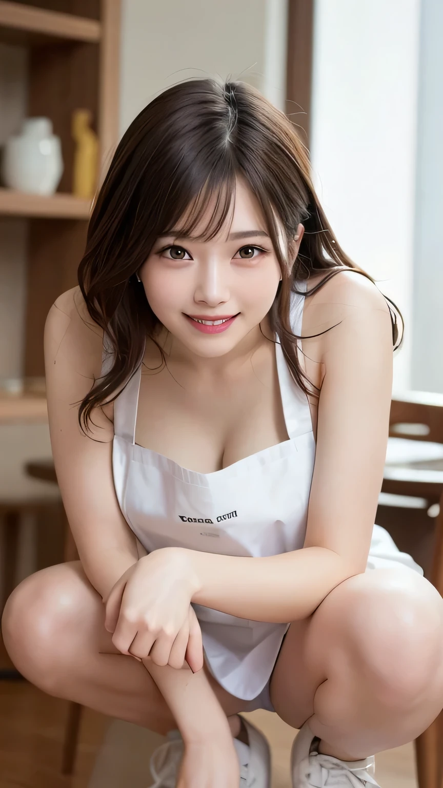 Tabletop, Highest quality, figure, Very detailed, In detail, High resolution, 8k wallpaper, Perfect dynamic composition, Beautiful attention to detail, (Naked Apron)、(Squatting and spreading legs 1.2),Medium Hair, Natural color lip, Random sexy poses,smile,