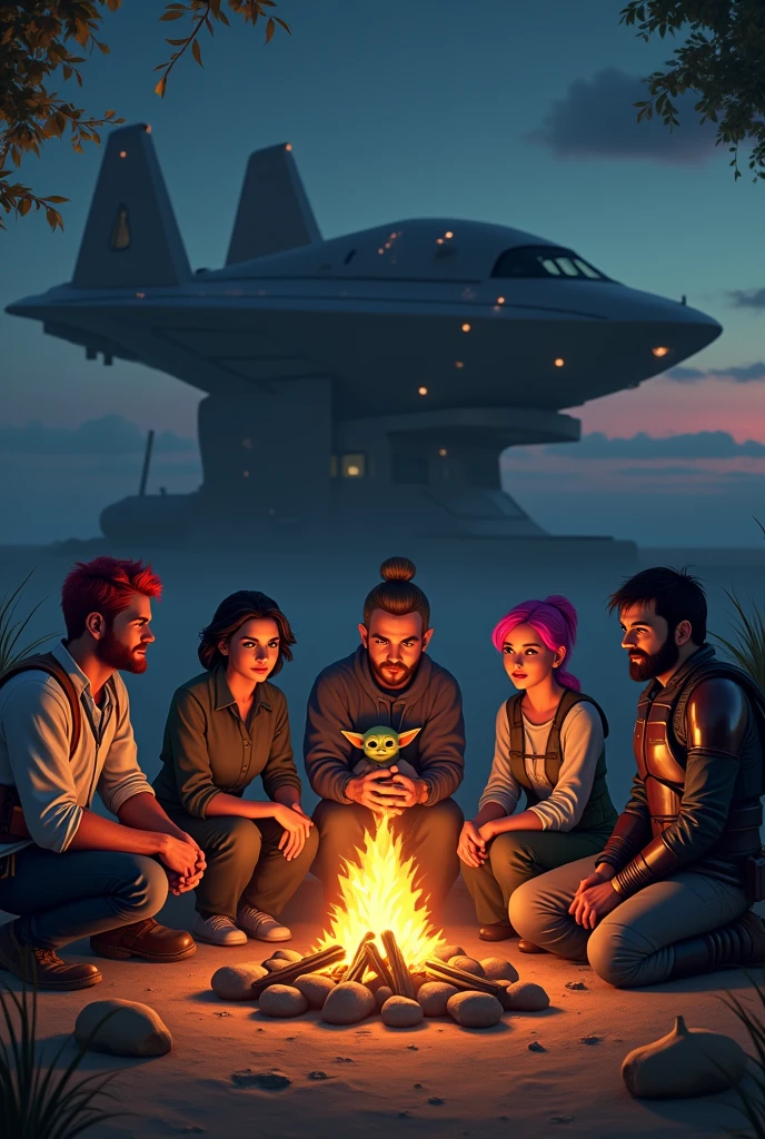 5 persons sitting at a campfire in front of the razor crest. First man has red hair, second man has black hair, first girl has pink hair, second girl has black hair and a man with mandalorian armor that holds baby Yoda