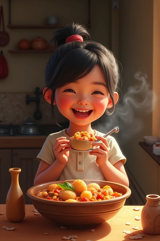 A girl eating encebollado very happily