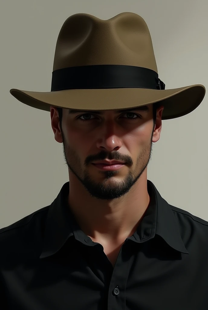 Drawing of a man with a square face, goatee and sideways smile. He is wearing a black shirt and a Panama hat covering his eyes with his head down.