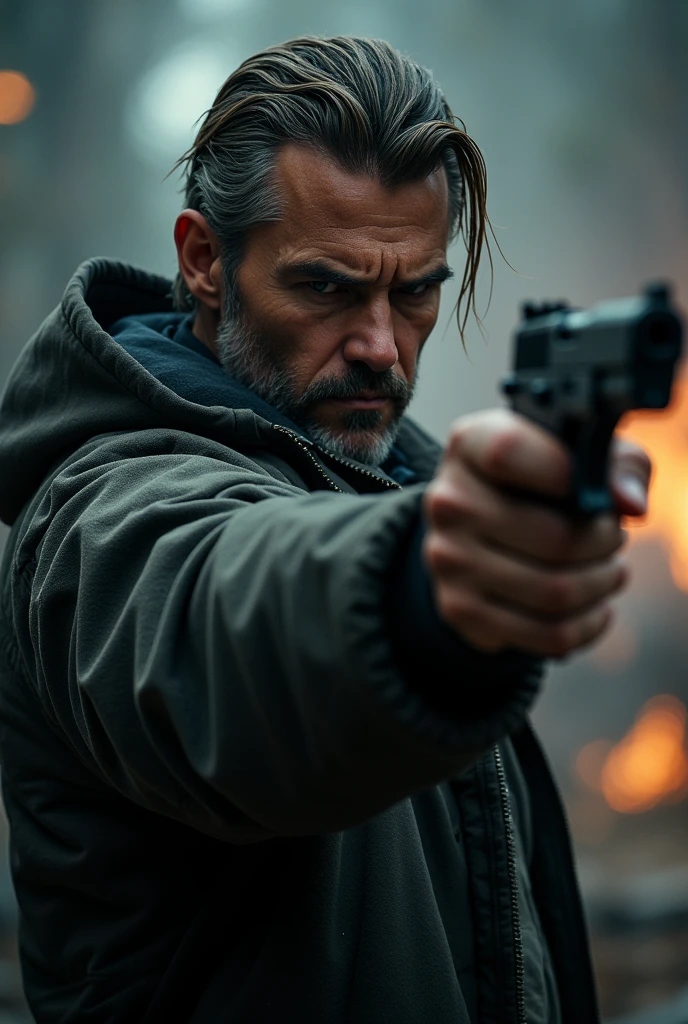 I would like you to make the cover of a video where the character holds a famous gun in his hand
