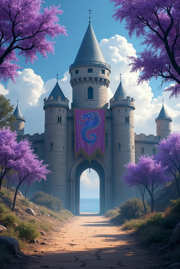 A castle in a landscape divided in two, on the left side is shady, Only on the left side the trees are dry and a gloomy environment of the arid terrain is noticeable., the left side of the castle is neglected. On the right side everything is beautiful, only on the right side there are jacaranda trees with a beautiful purple color, On the right side of the castle is well maintained. On both sides a banner with the image of a violet Hydra embroidered on said standards.