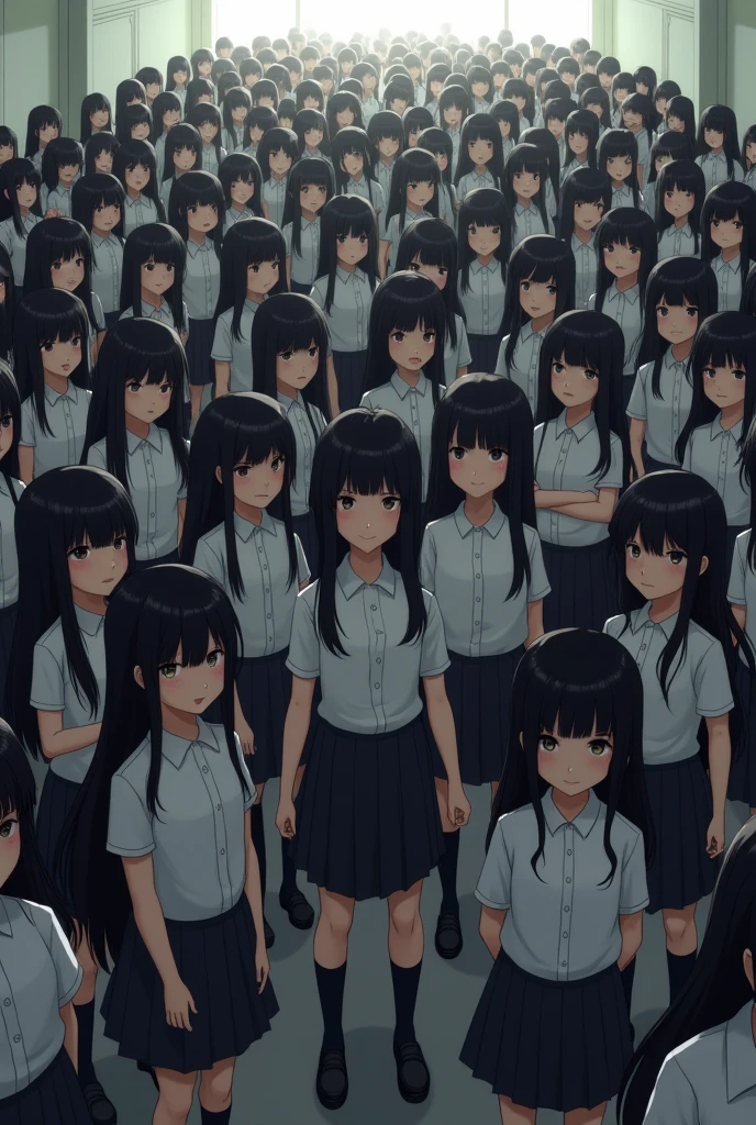 1000 long-haired Asian girls in realistic school uniforms standing in a small room