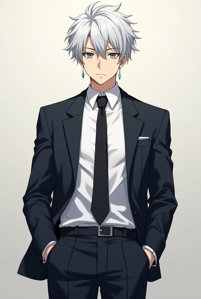 Generate an image based on what I present to you, it is for a front-facing and full-body novel .
Daiya Oomine:
Physical appearance: Daiya is a tall, muscular young man, with an athletic build that reflects his self-confidence. Her hair is short and white, always well combed back. His eyes are sharp and dark grey in colour., which gives him an intense and calculating look. Her school uniform is always impeccable., showing his meticulous and controlling nature.
Personality: Daiya is a born strategist, Always thinking several steps ahead of others. He is manipulative and has no qualms about using others to achieve his goals.. However, He is deeply intelligent and his logical way of thinking makes him a natural leader., Although he can often appear ruthless, he has earrings in his ears..