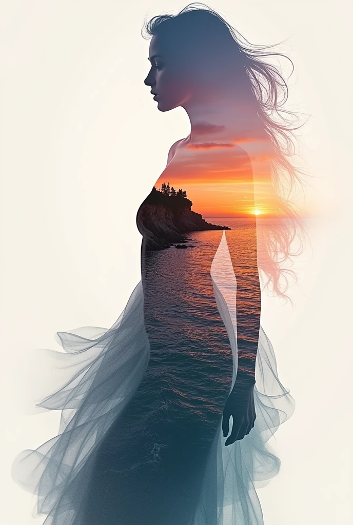high quality, 8K Ultra HD, A beautiful double exposure that combines an goddess silhouette with sunset coast, sunset coast should serve as the underlying backdrop, with its details incorporated into the goddess , crisp lines, The background is monochrome, sharp focus, double exposure, by yukisakura, awesome full color,