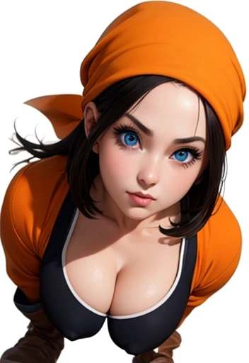 beautiful girl, Perfect detailed faces, big blue eyes, smooth skin, slim body, extra large tits, orange scarf , nsfw imagen full body portraitspread 1.2 high resolution ,