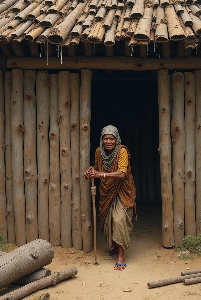 a poor old indian woman making a big house out of woods