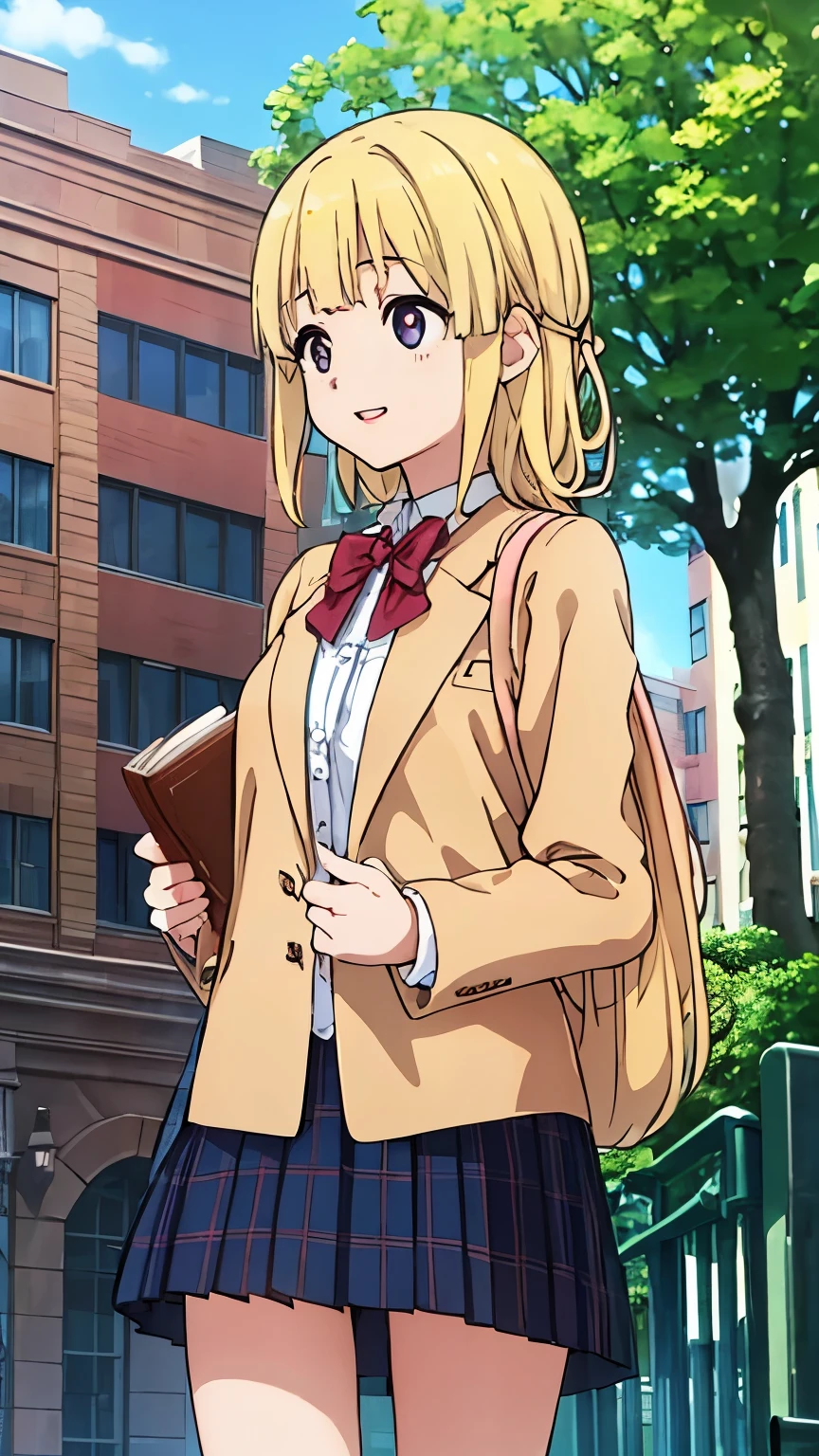 whole body, masterpiece:1.2, Highest quality:1.2, 8k, CG, Realistic:1.37, Delicate and detailed:1.8 (eye, student, lips, face, hair, hand, skin), Soft touch illustration, Platinum Blonde, pretty girl, A girl wearing a blazer, a plaid miniskirt and knee socks. The girl has beautiful detailed eye and lips, Long eyelashes. The stage is a garden, Vivid colors and sharp focus. The artwork is of the Highest quality, Highly detailed and realistic style. The lighting is soft and natural, to enhance the overall ambiance, Walk to school, Colorful backpacks, Bright expression, Morning sunlight, Bustling city streets, , Morning rush, Friends chatting, A lively crowd, tall building, Cross the road, Open-air business, Car horn, Bike lanes, Green tree々, book in hand, Pleasant memories, Laughter, fresh air, school gate, Expectations, Learning Journey, Busy classroom, Knowledge, growing up