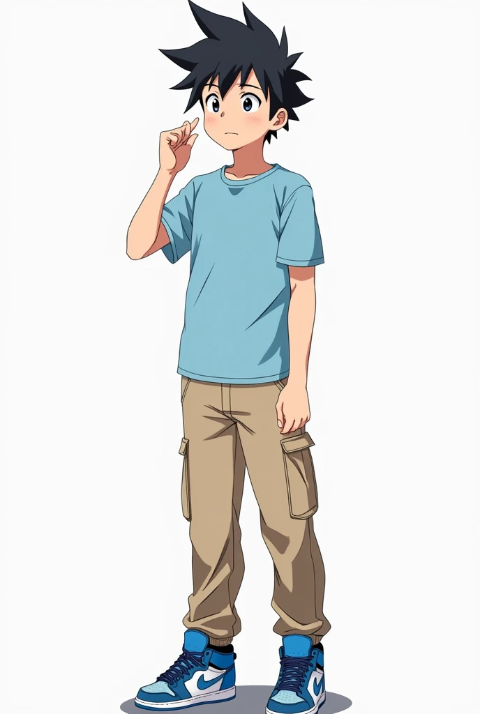 An anime teenager (naruto type) he is wearing a light blue t-shirt, beige cargo pants and blue Air Jordan sneakers, black andwhite, He has white skin and black hair and has a relieved face