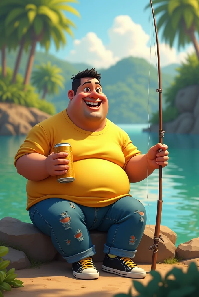 a Brazilian man in the style of a Pixar cartoon, brunette skin, with shaved black hair, Grinning, chubby with a very prominent belly, a yellow t-shirt, greasy jeans and black sneakers, sitting by a lake fishing with a can of beer in his hand