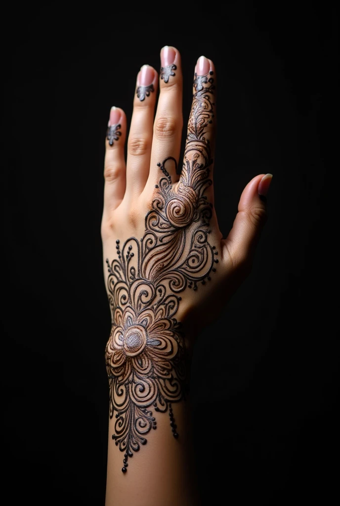Mehandi design in hand putting in letter just 1200/- only in hand with mehandi black background