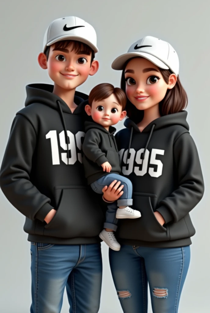 3D a man without beard with white nike cap,wear black hoodie with number 1998 on hoodie ,wears blue jeans while standing besides a woman with white nike cap with short shoulder hair, wear black hoodie with number 1995 on hoodie ,wears blue jeans holding one year old boy with black hoodie . All looking at camera