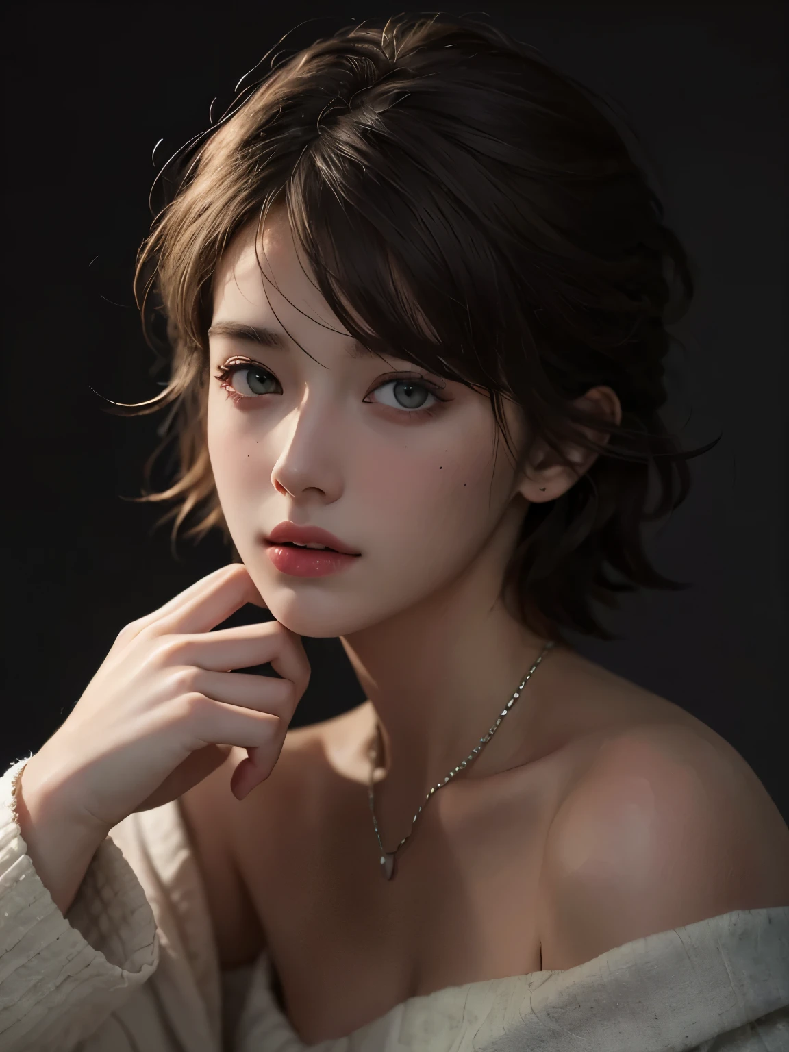 Best quality, masterpiece, ultra high res, (photorealistic:1.5),Elegant look, raw photo, breast, 1girl, offshoulder, in the dark, deep shadow, low key, cold light, sexy look, short hair, necklace, moonlighting