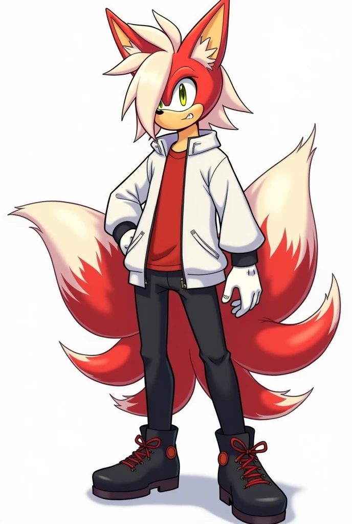 Create an anthropomorphic Sonic-style Kitsune with half white and half red hair, with a ponytail, with hair on the left side of the face, yellow  eyes, eyes large, with ears and nine tails,in the form of a Sonic-style character, o nome dele é Kito Kaiiatsubaky, Men&#39;s White Windbreaker Jacket with Red Shirt, black pants and men&#39;s black boots,with gloves, Personalidade: always cheerful and lively and willing to protect his friends and companions.