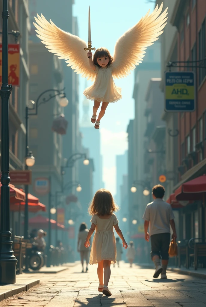 (photorealism:1.2), (8) A girl walking down the street and an angel with a sword watching.