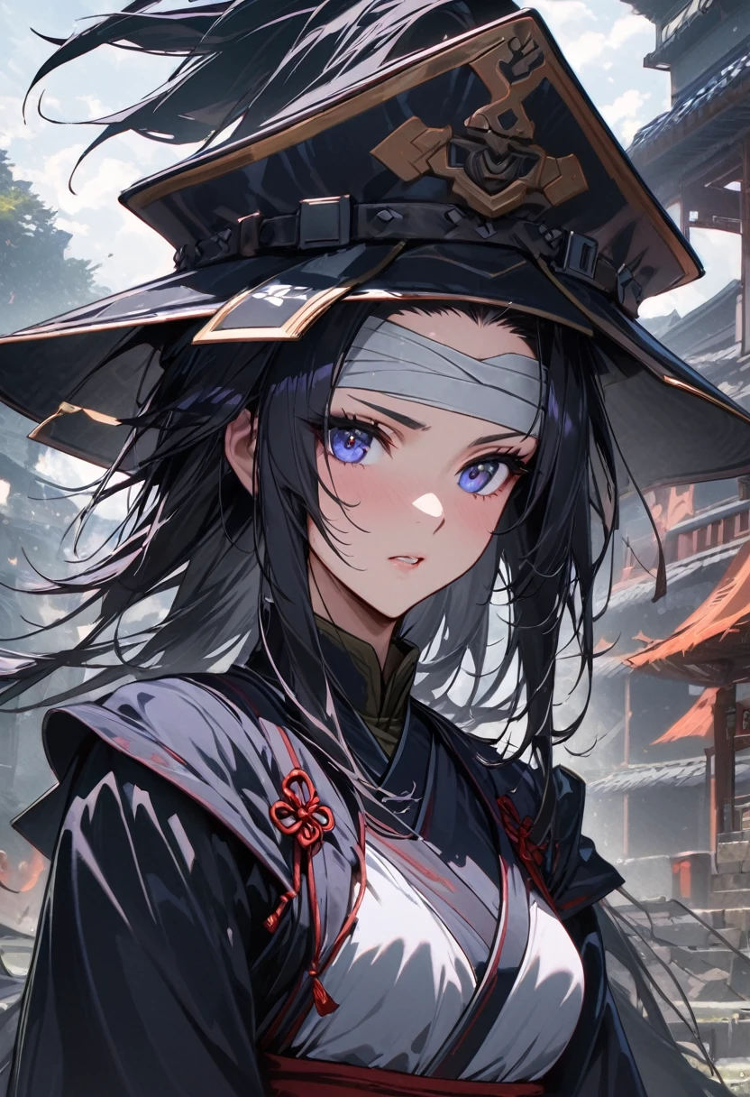 Ninja girl anime from feudal Japan, Super beautiful, (((forehead bandaged))), ((( feudal hat))), ((Masterpiece:1.2)), ((Highest quality)), (((Upper body covered))),close up, Carrying the sword of Katana, urban samurai, Anthem game inspiration, epic picture, Era, Inspired by ESAO, Amazing screensaver, nest blade,