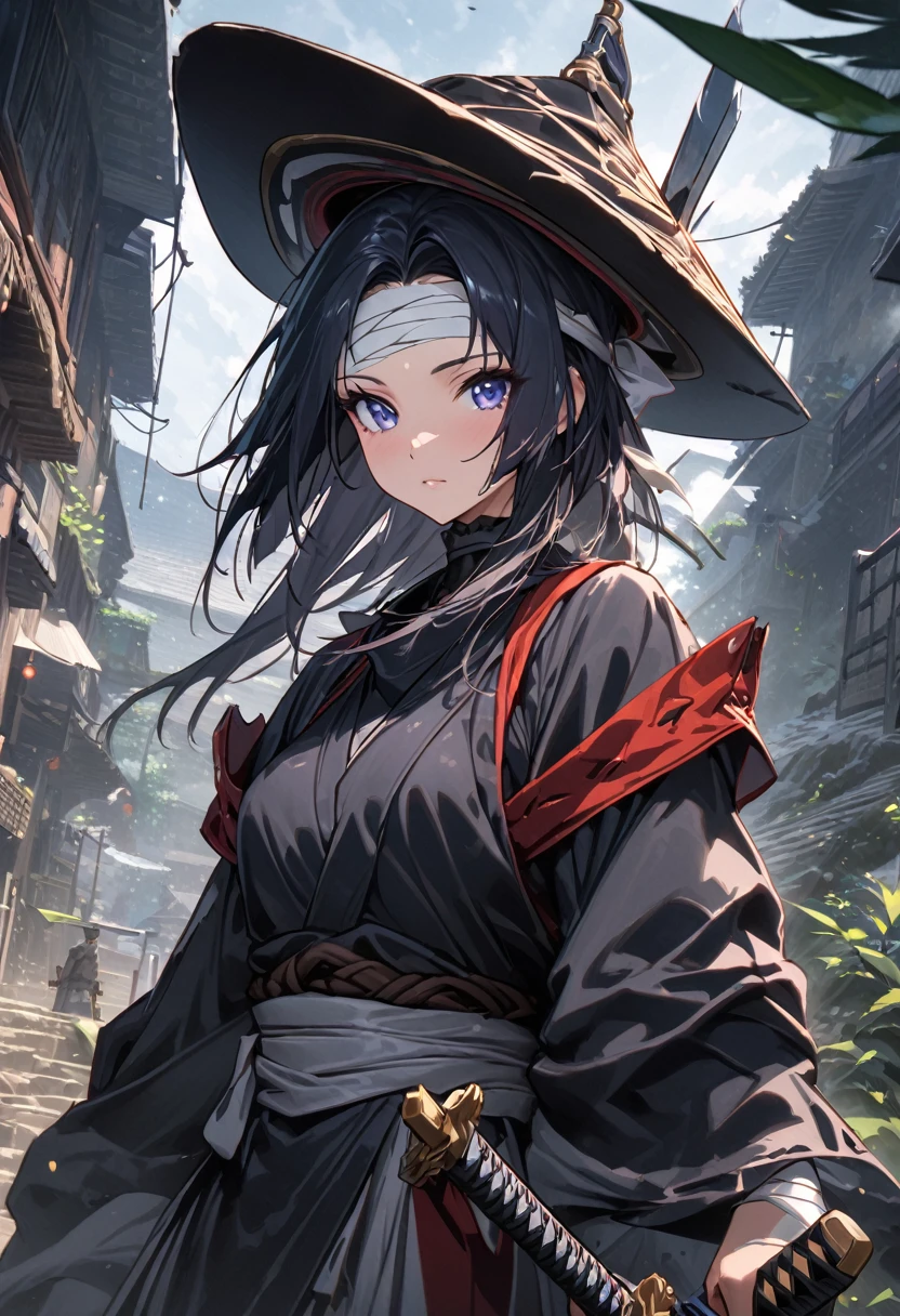 Ninja girl anime from feudal Japan, Super beautiful, (((forehead bandaged))), ((( feudal hat))), ((Masterpiece:1.2)), ((Highest quality)), (((Upper body covered))),close up, Carrying the sword of Katana, urban samurai, Anthem game inspiration, epic picture, Era, Inspired by ESAO, Amazing screensaver, nest blade,