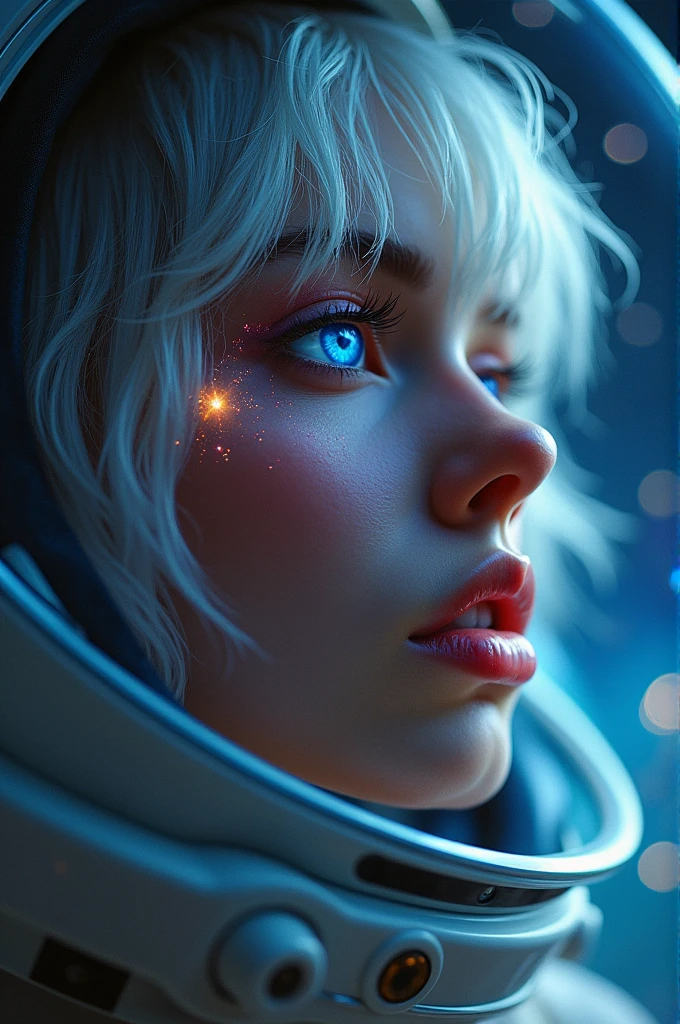 (Close-up of a better masterpiece:1.5)0.9], (Space and astronauts:1.2) (Messy silver hair:1.1) (Heterochromia xanthochromia and blue eyes:1.2) (Space Helmet:1.0) (Colored stars in the eyes:1.0) (A radiant glow:1.1) (thick lips:0.9)
