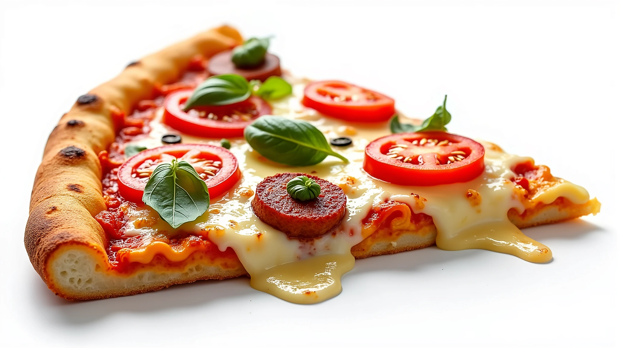 : A close-up of a fresh pizza with melted cheese and vibrant toppings on a clean white background. 8k  