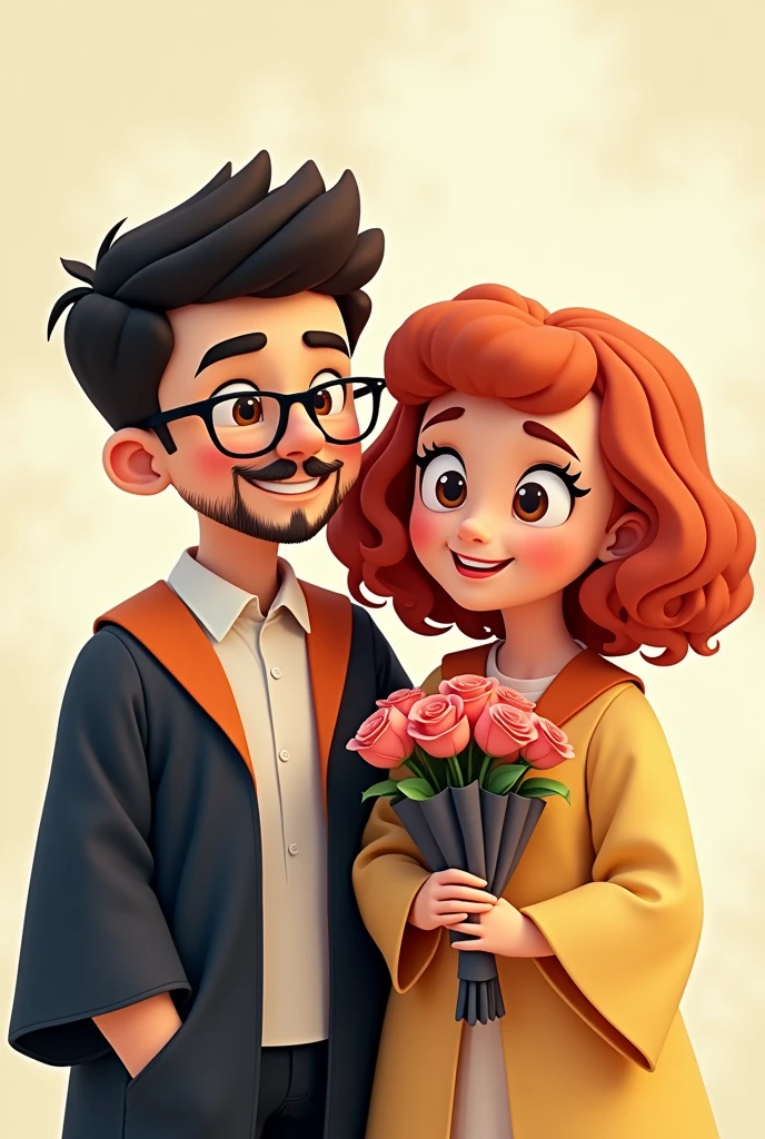 Black haired boy and , With glasses, with a small beard and a small mustache, light brown color,Your attire must be graduation attire, girl next door shorter than him, curly red hair with bangs, 90s style dress with bouquet of roses in hand that is an animated photo