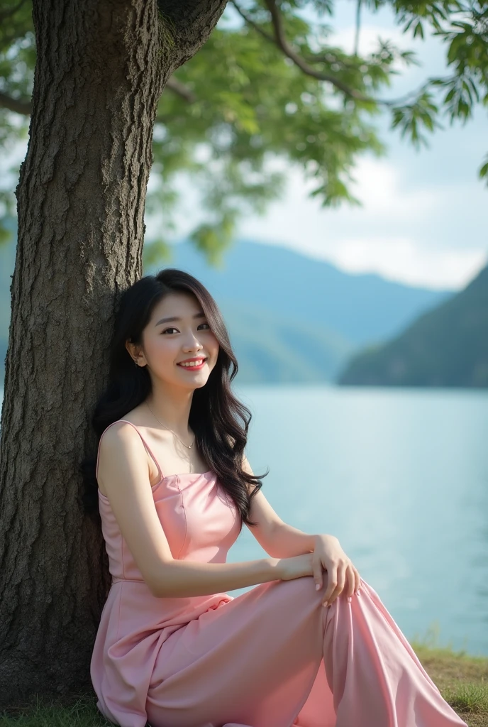 beautiful Korean woman, smooth white skin, well-groomed face, rambut panjang rumbai hitam, wearing a pink dress, matching shoes, sitting leaning under a big tree, looking at the camera, ditemani kucing anggora besar, background sungai biru mengalir, mountains and white clouds, full HD photos with clear contrast without defects, all over the body,Original photo,Realistic 