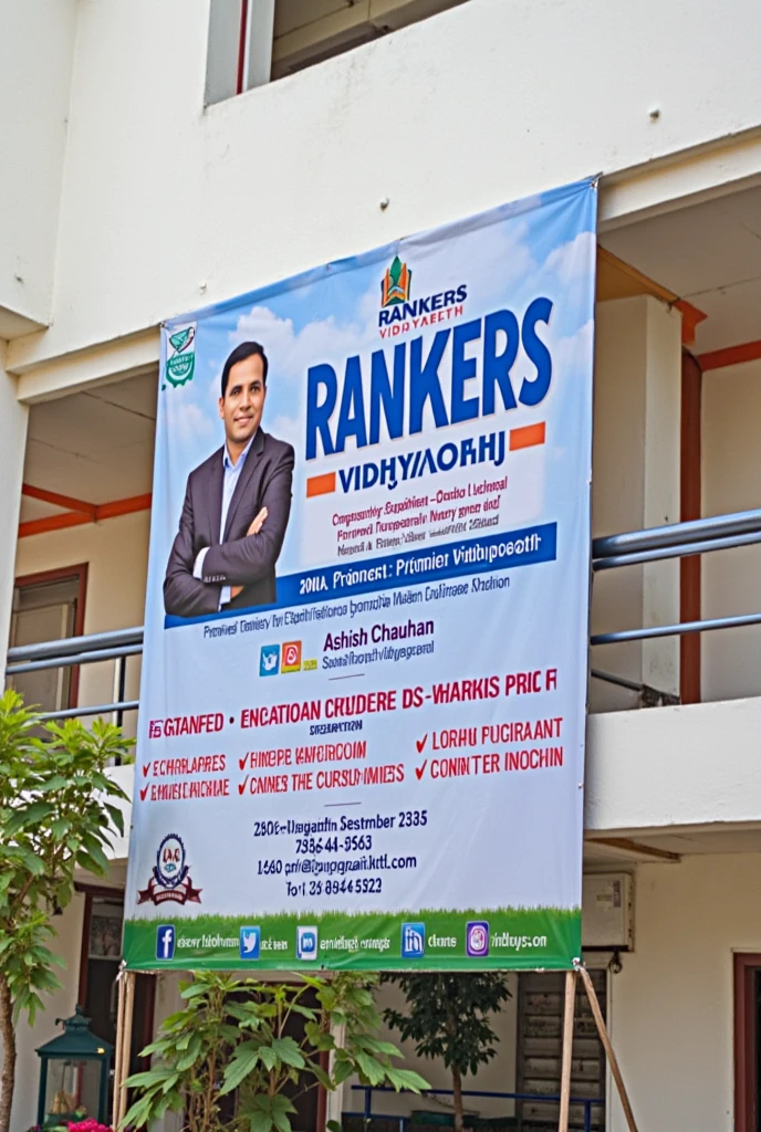 Bilkul, main aapke liye banner ka text yahan likh deta hoon:

---

Rankers Vidhyapeeth

Classes:  to 12th Grade  
Sul Subjects Covered  
Home Tuition: Available  
Board: CBSE & UP Board Preparation  
Extras: Extra Classes & PDF Notes Available  
Offer: Free 3-Day Demo

Proprietor: Ashish Chauhan  
Contact Number: [Placeholder for your number]  
Address: [Placeholder for your address]  
Instagram: [Placeholder for Instagram link]

---

Note: Aapke logo ke liye top left mein jagah chhodi gayi hai aur aapke photo ke liye bottom right mein jagah hai. Contact, address, aur Instagram ka section footer mein!