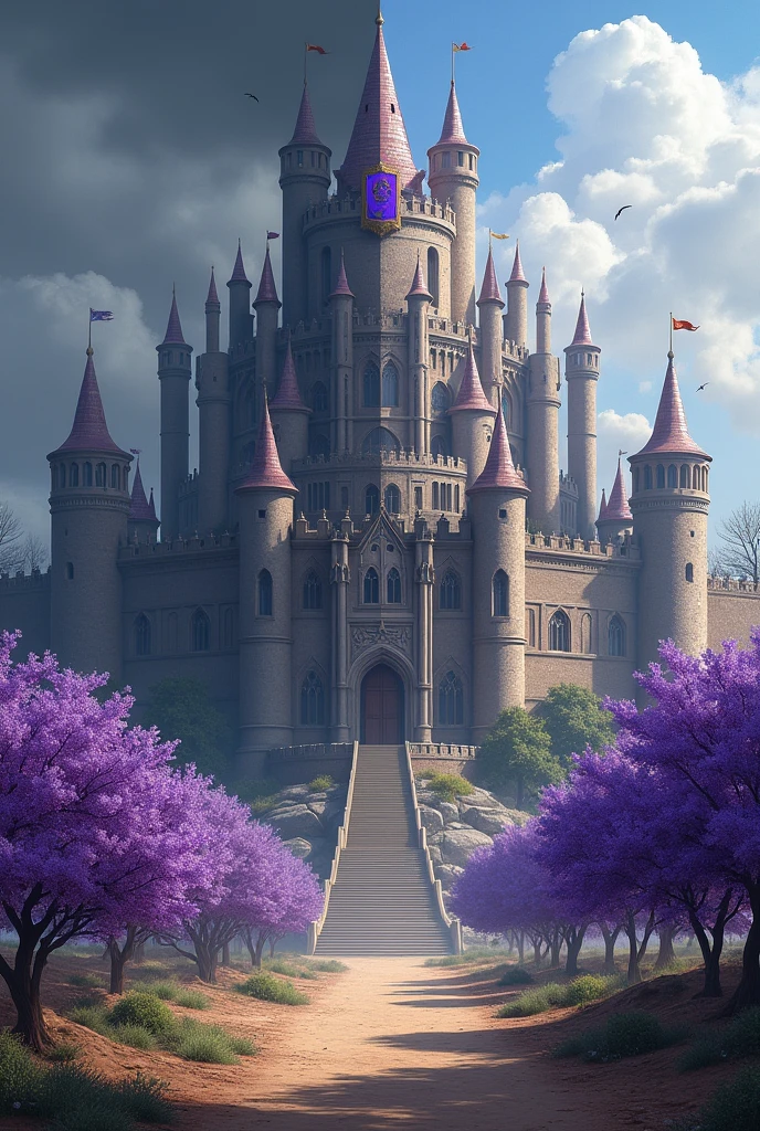 A castle in a landscape divided in two, on the left side is shady, Only on the left side the trees are dry and a gloomy environment of the arid terrain is noticeable., the left side of the castle is in ruins. On the right side everything is beautiful, only on the right side there are jacaranda trees with a beautiful purple color, On the right side of the castle is well maintained. On both sides a banner with the image of a violet Hydra embroidered on said standards.