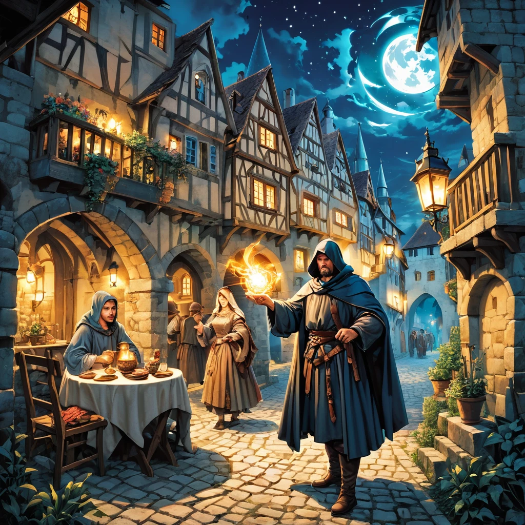 Medieval Europe，at night，An assassin in night clothes，Lurking behind a noble man。Mid-ground composition，Game illustration style，Magic style，Suitable for card illustrations。