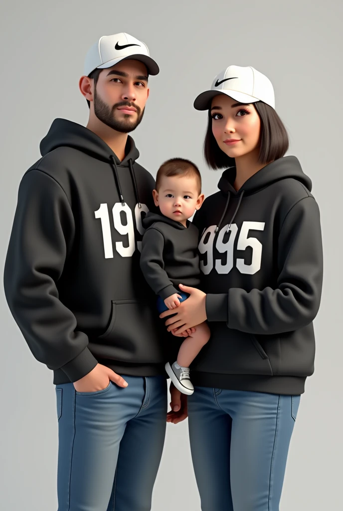 3D a man without beard with white nike cap,wear black hoodie with number 1998 on hoodie ,wears blue jeans while standing besides a woman with white nike cap with short shoulder hair, wear black hoodie with number 1995 on hoodie ,wears blue jeans holding one year old boy with black hoodie . All looking at camera