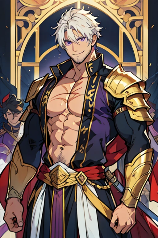 3 man, short white hair, purple eyes, muscular, golden armor with bare chest, with scars on the face, with big pecs, with lots of white chest hair , with a sword, with a smile 