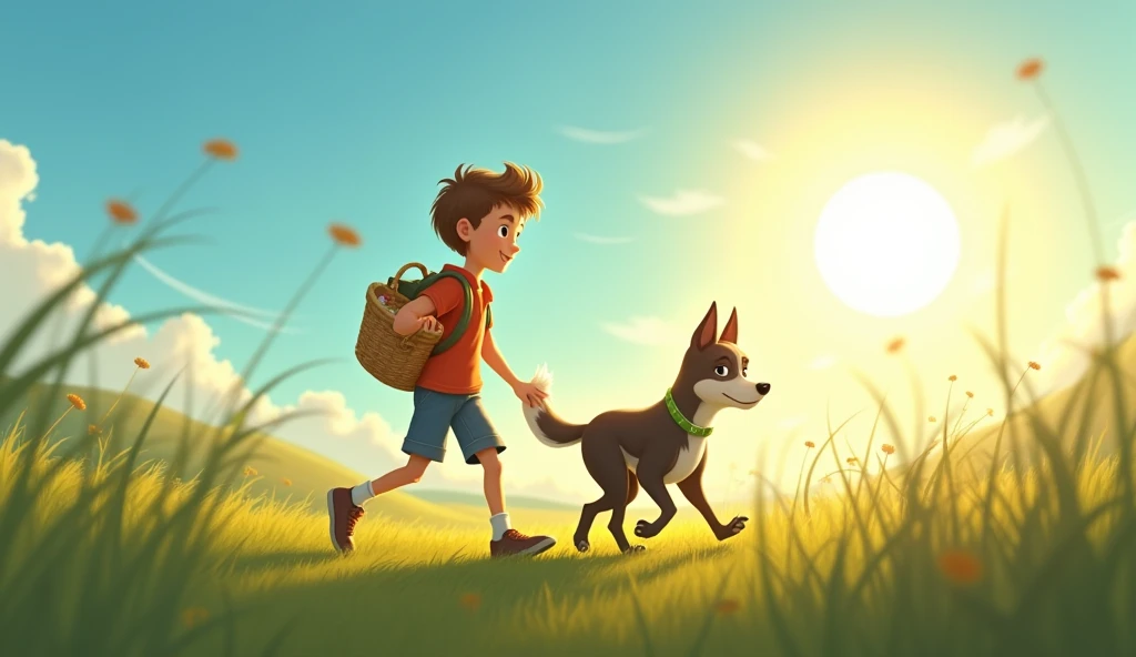 Sam and Shadow, now inseparable, are shown walking together in a beautiful meadow. Sam is carrying a small basket, and Shadow is walking beside him. The sky is clear, and the sun is shining brightly, creating a sense of adventure and joy.