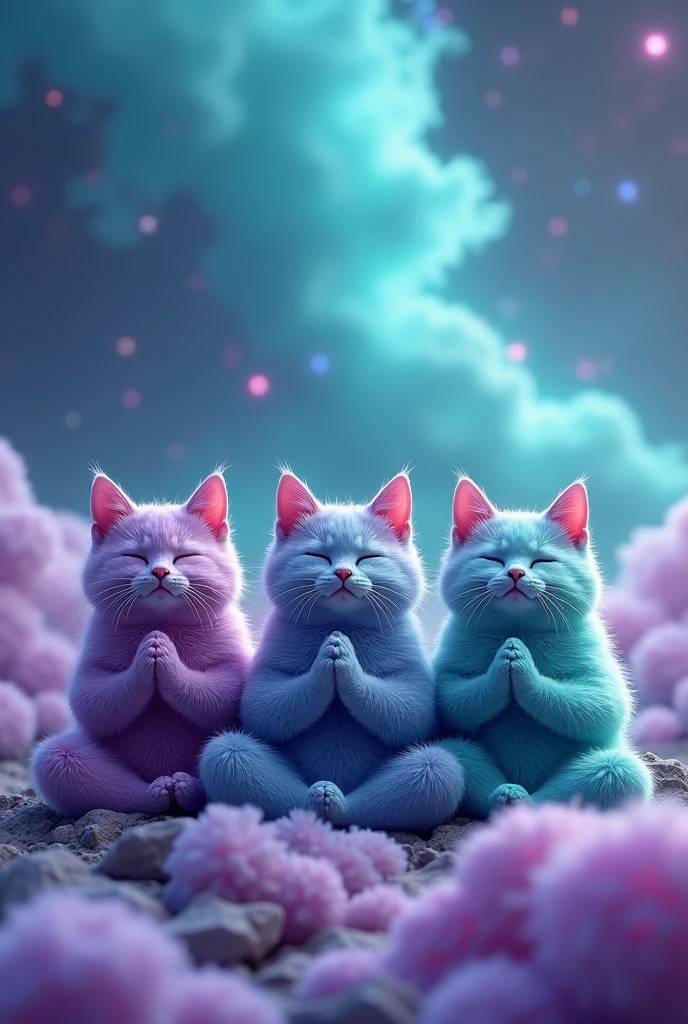 Create three cute cats, cute, hiper realisitic, realisitic, 真实感, They are meditating, they meditate, they are purple, turquoise and blue, Are they happy, and the background is the turquoise and purple galaxy