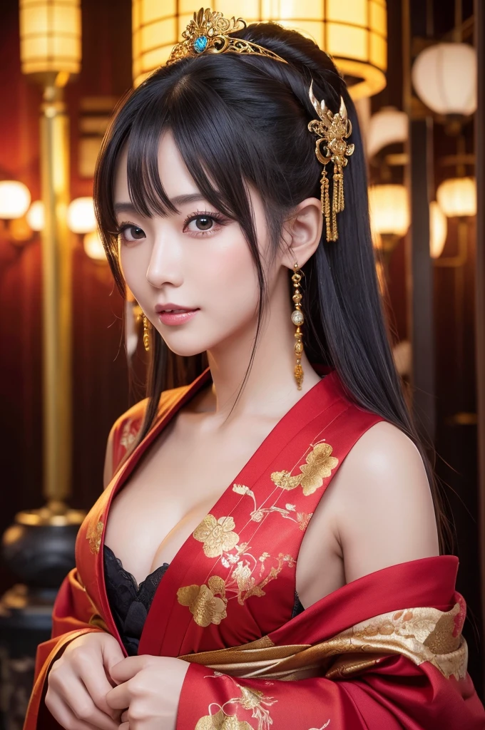 (8k,Photorealistic　RAWphotograph　Highest quality;1.4) A mature grey-haired woman) Super Beautiful Japanese MILF Goddess　(A vivid face)　Costumeを着た中程度の胸の女性の接写, Japanese Mature God, Laughter　Beautiful Fantasy Empress, Beautiful and attractive anime woman, Gweiz-style artwork, 8kの高品質で詳細なアート, Very detailed artgerm, Palace-like ， Beautiful character drawings, Anime, Seductive anime woman　白い絹で作られたJapanese Kimono　(Costume)　超High resolution　Beautiful expression　Surreal　(Realistic Skin)　Ultra-high density　(Tabletop, Highest quality, Realistic, High resolution, photograph, :1.3)　Super flashy makeup　Golden Eyes　Japanese Kimono　Black and red bands　Golden Band Code　Red Rouge　Beautiful black hair,Highest qualityのPhotorealisticRAWphotograph。Backlight、Cinema Lighting、Film Grain、50mm lens、Nikon D850、Ultra-Realistic Skin、Fantasy art、Character Art、超High resolution、muscular and slim body、Ultra-Realistic Skin,Perfect hands(Anatomical modeling),Oiran-style makeup,beautiful long gray hair,