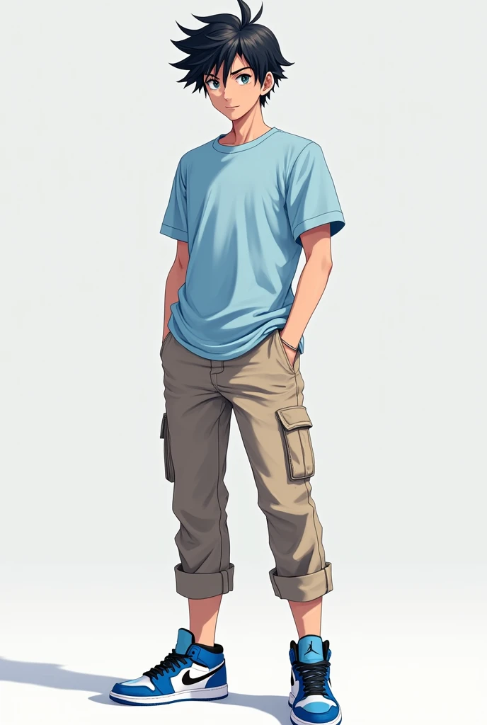 An anime teenager (naruto type) he is wearing a light blue t-shirt, beige cargo pants and blue Air Jordan sneakers, black andwhite, He has white skin and black hair and has a relieved face, he is very handsome
