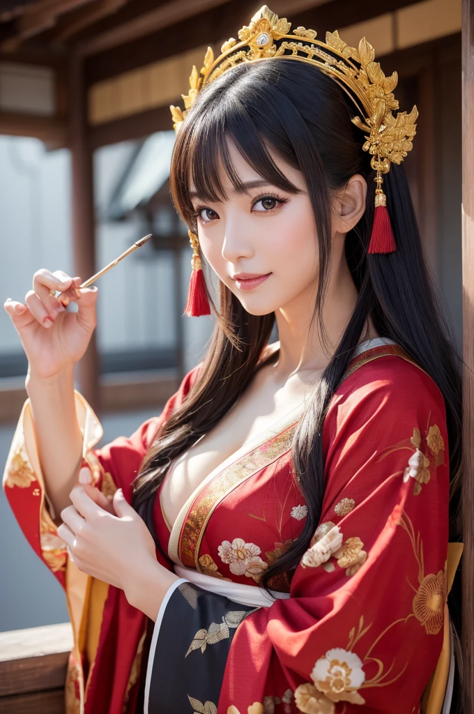 (8k,Photorealistic RAWphotograph Highest quality;1.4) A mature grey-haired woman) Super Beautiful Japanese MILF Goddess (A vivid face) Costumeを着た中程度の胸の女性の接写, Japanese Mature God, Laughter Beautiful Fantasy Empress, Beautiful and attractive anime woman, Gweiz-style artwork, 8kの高品質で詳細なアート, Very detailed artgerm, Palace-like , Beautiful character drawings, Anime, Seductive anime woman 白い絹で作られたJapanese Kimono (Costume) 超High resolution Beautiful expression Surreal (Realistic Skin) Ultra-high density (Tabletop, Highest quality, Realistic, High resolution, photograph, :1.3) Super flashy makeup Golden Eyes Japanese Kimono Black and red bands Golden Band Code Red Rouge Beautiful black hair,Highest qualityのPhotorealisticRAWphotograph。Backlight、Cinema Lighting、Film Grain、50mm lens、Nikon D850、Ultra-Realistic Skin、Fantasy art、Character Art、超High resolution、muscular and slim body、Ultra-Realistic Skin,Perfect hands(Anatomical modeling),Oiran-style makeup,beautiful long gray hair,