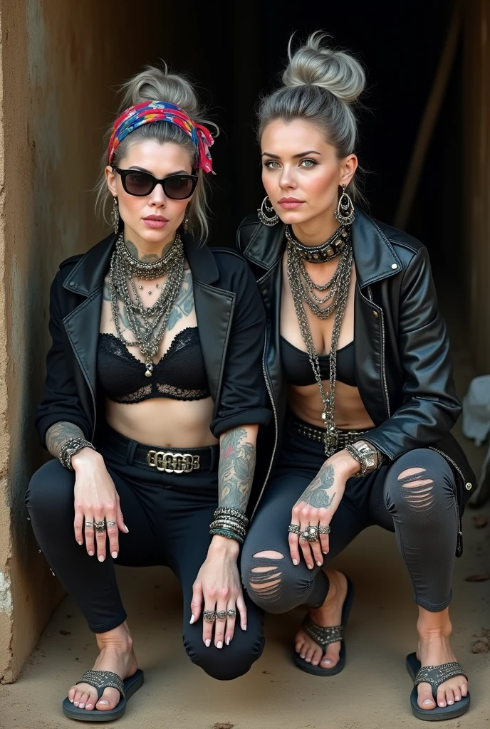 Two russian milf women: the dominant woman with power stance (arm around her partner"s shoulders and grabbing her forearm) protecting the submissive and needy one, who leans her head on the other's chest. different clothes but same rock chic style. grey hair (bouffant, top bun) and oversized square sunglasses and wide  colourful bandana as headband. Big lips.  Black lace push up bra, silicone breast,, tight skinny  dark blue denim worn shorts. Barefoot with necklaces in ankles. Lots of thick wide studded bracelets, chain necklaces and big rings,. Wide black leather studded belt with oval solid buckle. Long earrings with chains and feathers. Sitting on a pile of huge black plastic bags. Lazy, leaning back, laid back pose, separated legs. Neck, chest, stomach, feet, hands, arms and wrists heavily tattoed.  Toned abdominals, thin neck, slim legs and thin arms. Narrow hips. Full body. At a dead end street with graffitied walls, ground littered with waste . Nuns get close. Some nuns in the background get close. Full body, seen from above