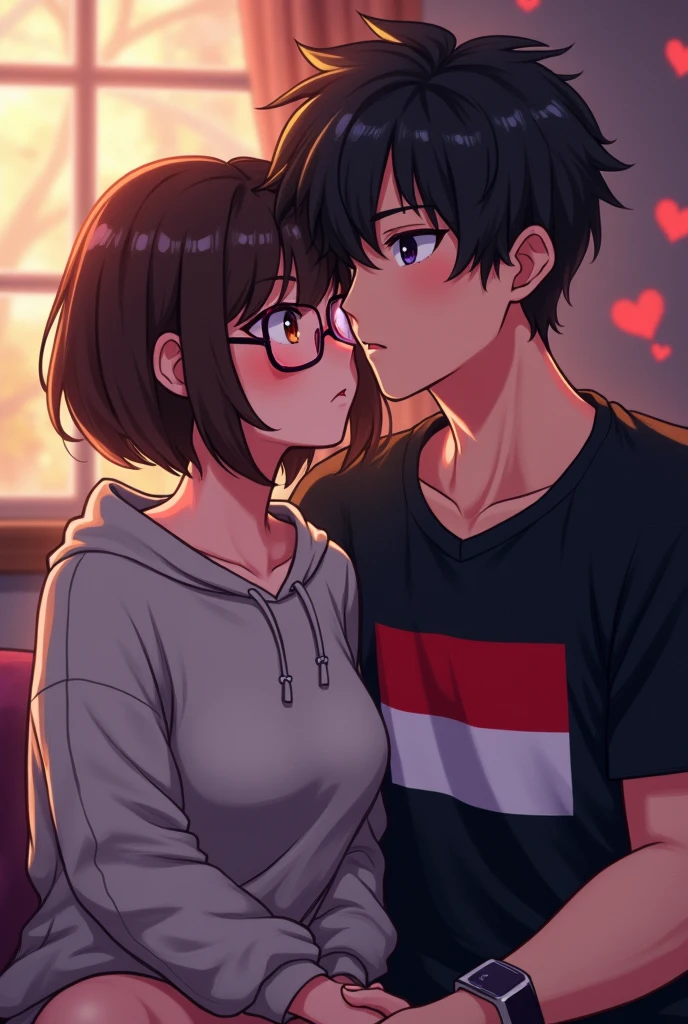 Anime style, gamer girl brown short hair and brown eyes wearing cute glasses big boobies, wearing a comfy sweatshirt his buff dark haired dark eyes gamer boyfriend wearing a black shirt with an indonesian flag in sniffing her ampits