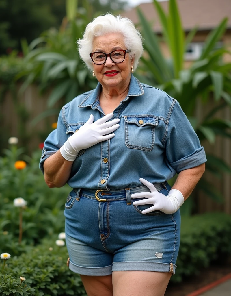 Overweight elder 70 years old American aged women wearing denim shorts .with red lipstick white gloves and white hairs looking so hot while posing inside her garden 